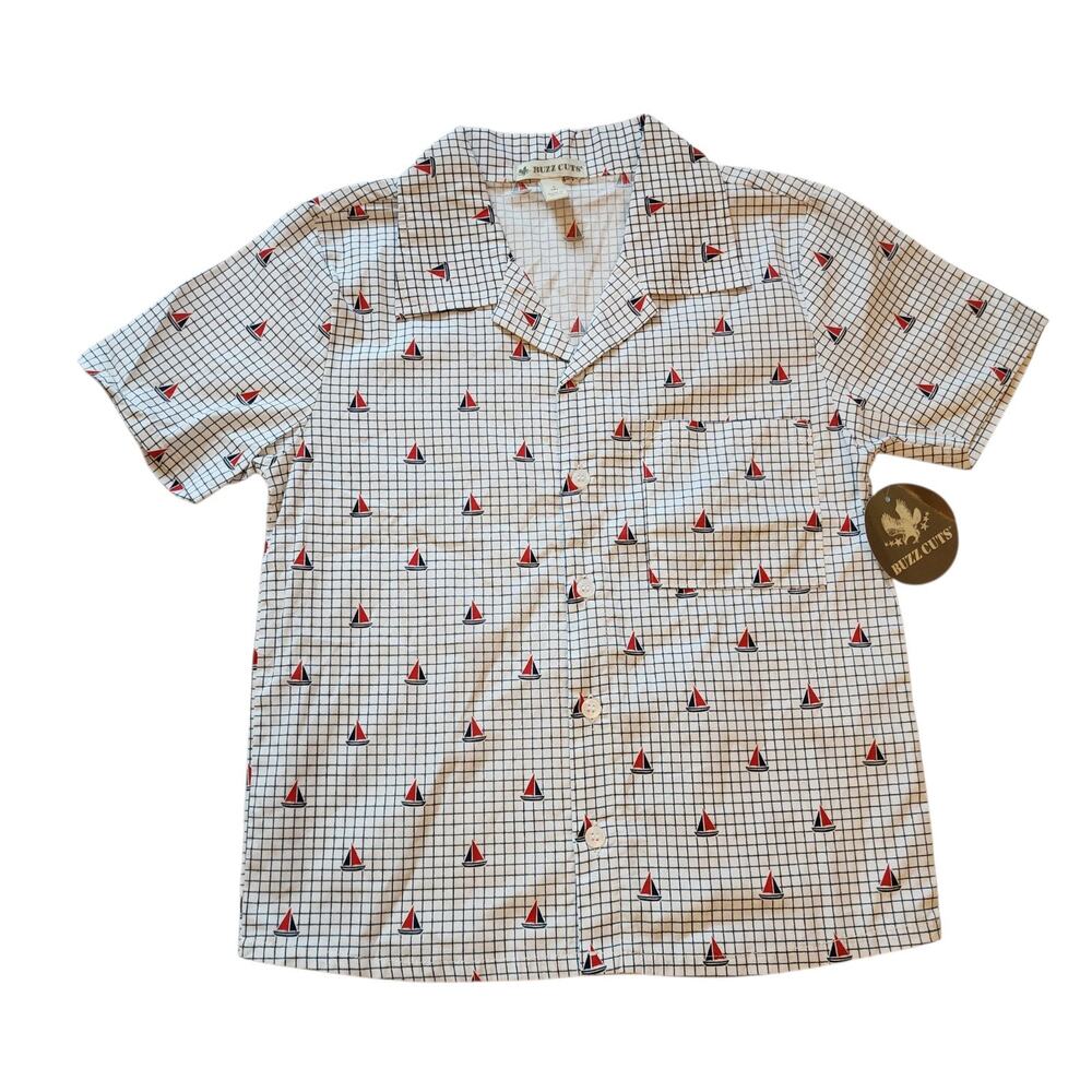 Buzz Cuts Boys Shirt Size S 8 White Plaid Sailboats Short Sleeve Button Down